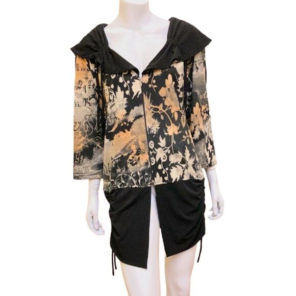 Vintage Bali Maximalist Artwear Unique Beige Black Ruched Zip Up Shacket - Picture 1 of 10